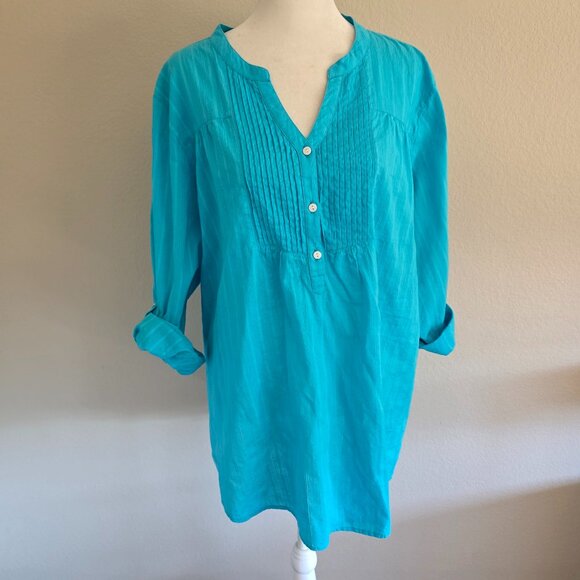 The Vermont Country Store Plus 2X Pintuck Tunic Top Cotton Aqua Roll Tab Sleeve - Picture 1 of 7